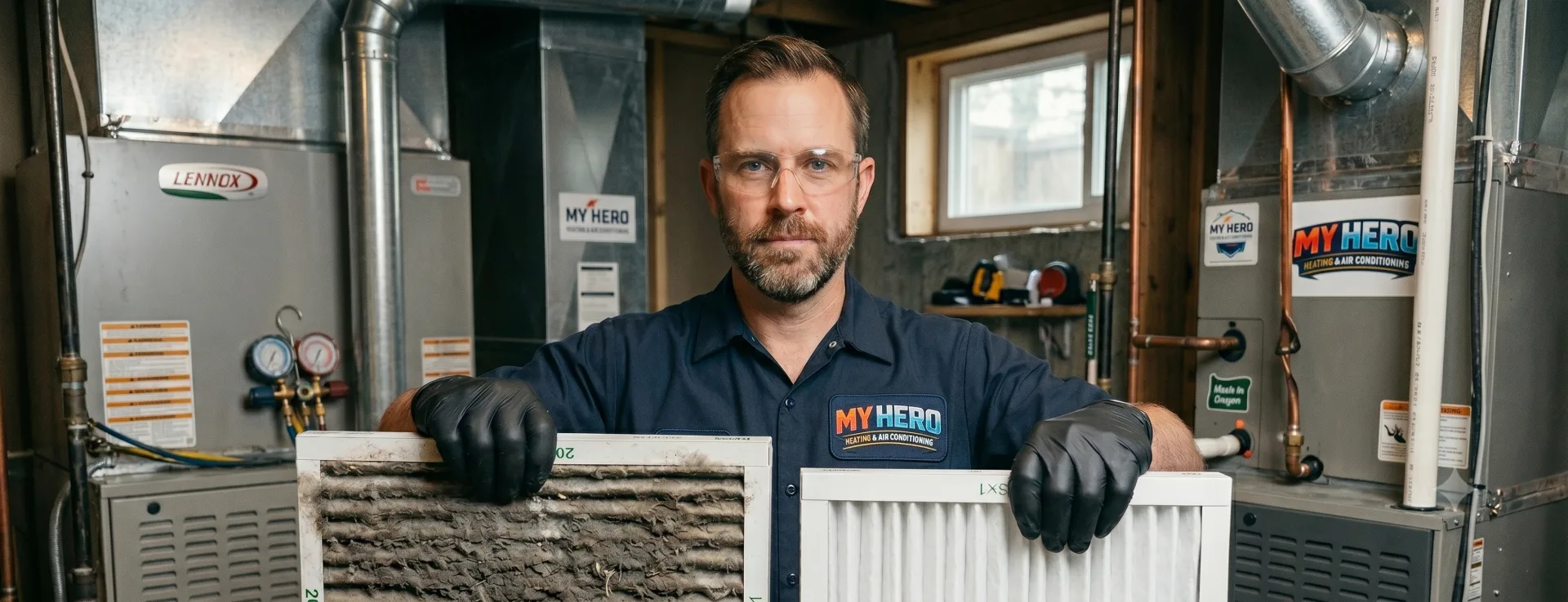 A My Hero Heating & Air Conditioning technician in a mechanical room, holding an extremely dirty furnace air filter next to a new, clean one for a visual comparison. HVAC equipment, including a Lennox furnace, is visible in the background.